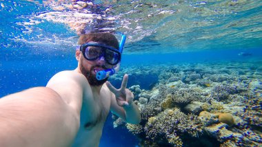 Şnorkelle yüzen bir adam Kızıl Deniz 'in dibine daldı ve mercanların arka planında kendi fotoğraflarını çekti.