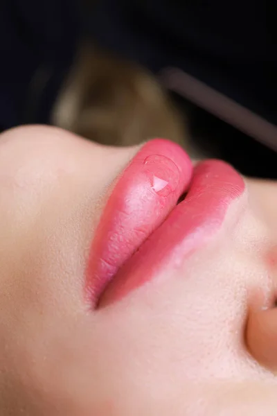 Uma Gota Óleo Nos Lábios Modelo Após Realização Maquiagem Labial — Fotografia de Stock