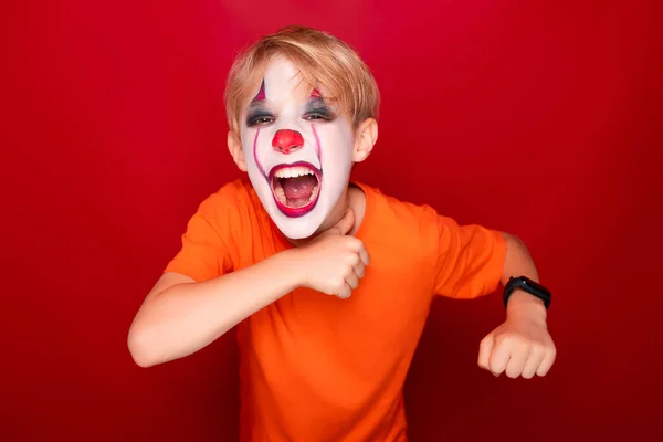 Boy Makeup Halloween Screams Loudly Shows Threatening Gestures — Stock Photo, Image