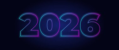 Mavi ve pembe neon efektli 2026 afiş tasarımı, Yeni Yıl etkinlikleri için mükemmel