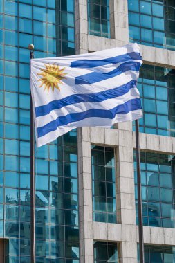 Başkanlık binasının önündeki Bağımsızlık Meydanı 'nda dalgalanan Uruguay bayrağı, Montevideo kentsel manzarasında ulusal bir sembolü vurguluyor..