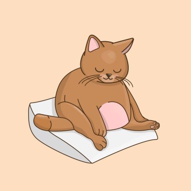  Tatlı, uykucu kahverengi kedi beyaz bir yastıkta oturur ve uyur.