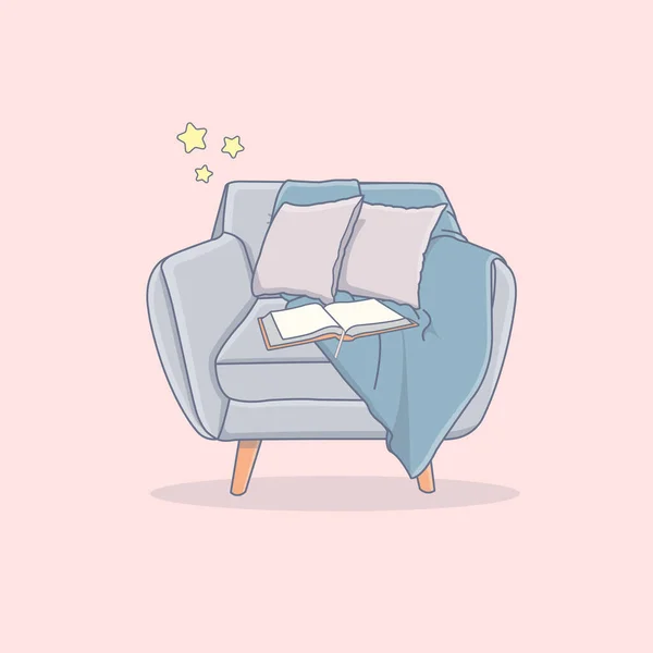 Illustration Cartoon Fauteuil Confortable Confortable Avec Deux Oreillers Livre — Image vectorielle