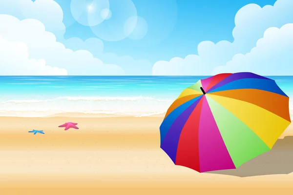 Colorful Rainbow Umbrella Beach Starfish Foam Sea Wave Seascape View — Stock Vector