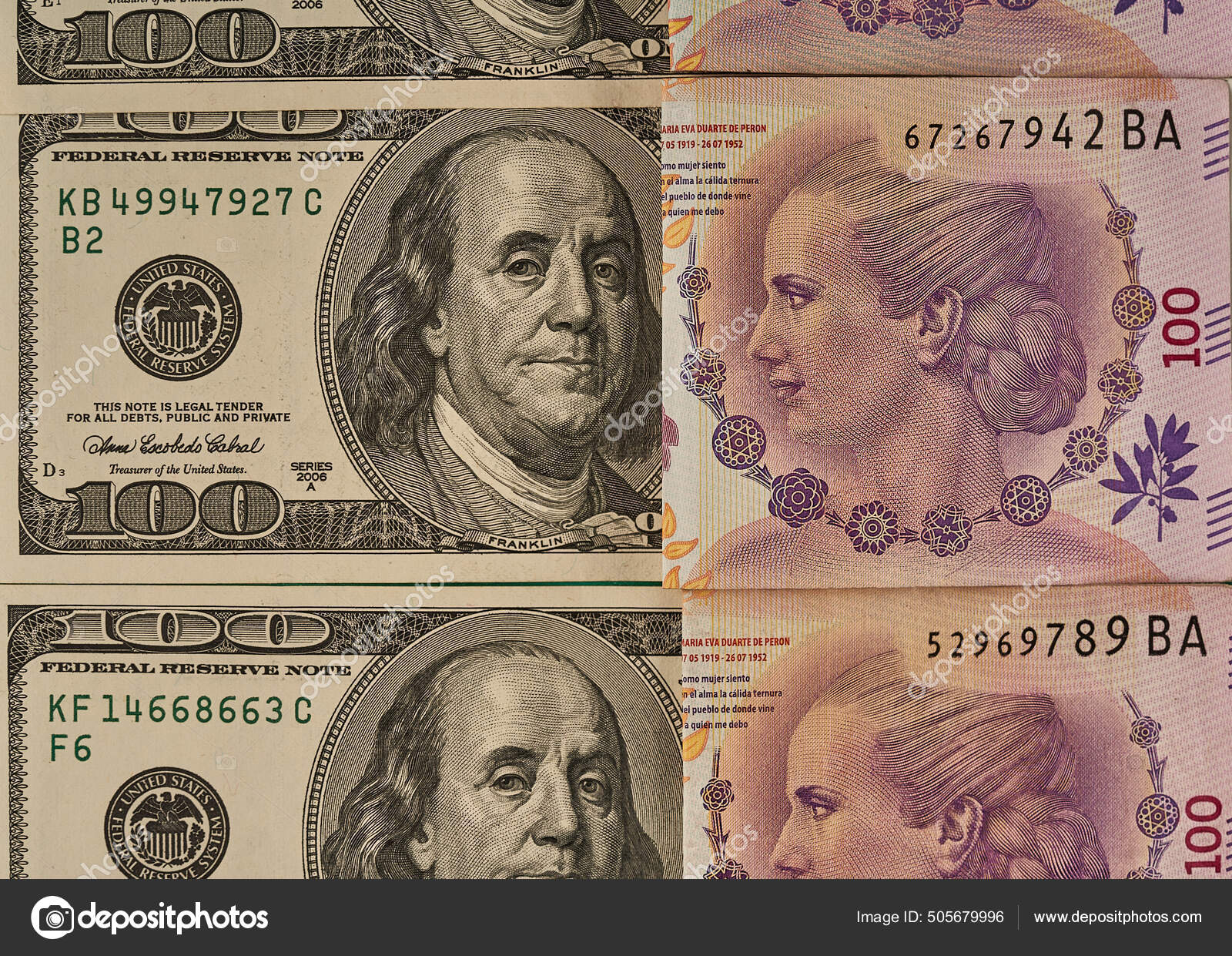 佩隆的100枚阿根廷比索钞票注意到富兰克林的100美元钞票——图库图片© gabrielpazph #505679996