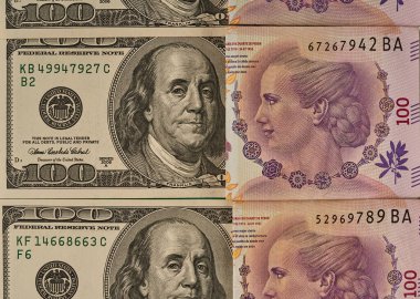 Eva Peron 'dan 100 Arjantin pesosu Franklin' den 100 dolarlık banknot