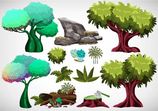 Conjunto de árbol de dibujos animados de color para su uso en el juego — Vector de stock