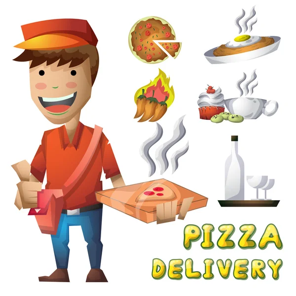 Pizza delivery man with separated layers — Stock Vector