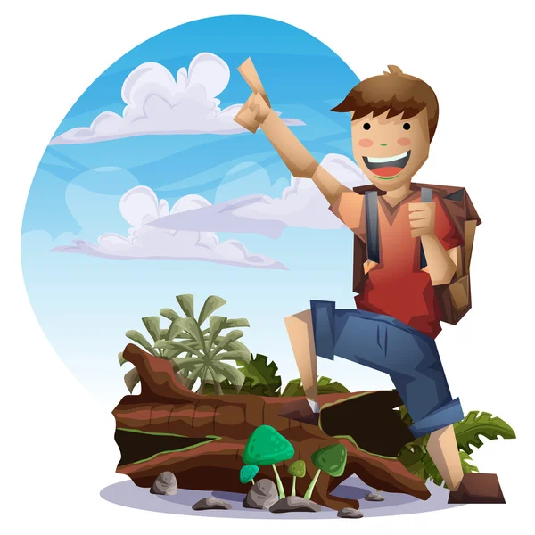 Cartoon vector landscape on the theme of adventures and outdoor recreation — Stock Vector