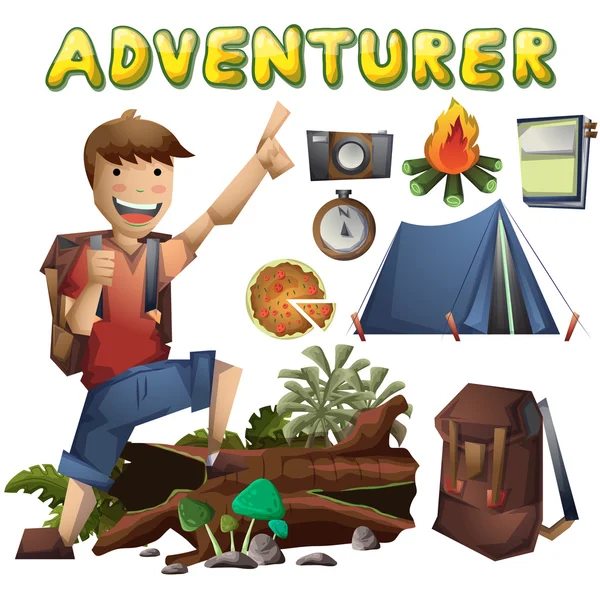 Dibujos animados vector paisaje sobre el tema de las aventuras y la recreación al aire libre — Vector de stock