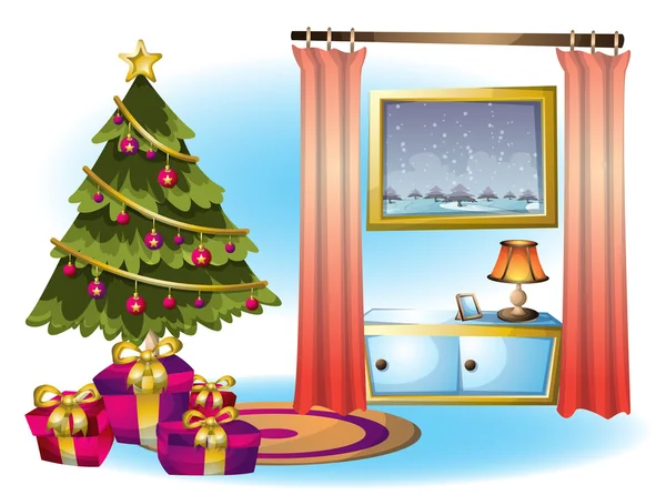 Cartoon vector illustratie interieur kerst kamer met gescheiden lagen — Stockvector