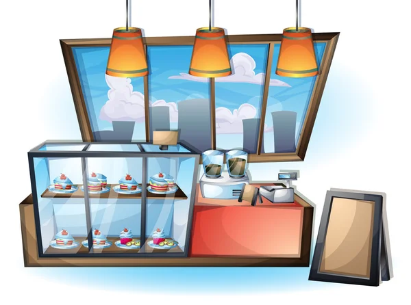 Dibujos animados vector ilustración interior cafetería habitación con capas separadas — Vector de stock
