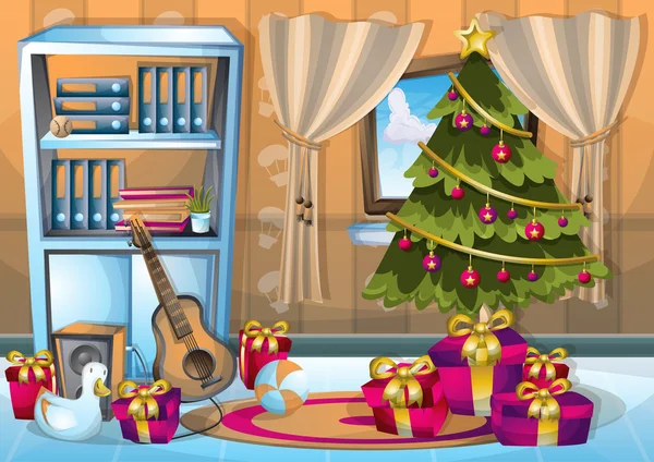 Cartoon vector illustratie interieur kerst kamer met gescheiden lagen — Stockvector