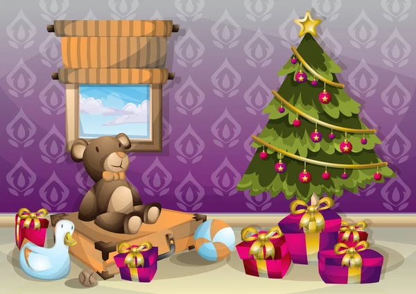 Cartoon vector illustratie interieur kerst kamer met gescheiden lagen — Stockvector