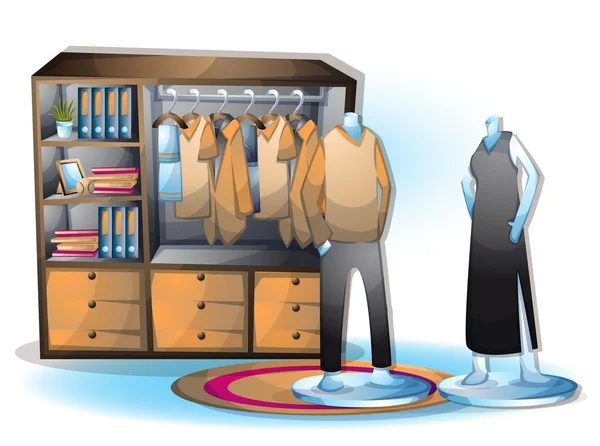 Cartoon vector illustratie interieur kamer met gescheiden lagen kleding — Stockvector