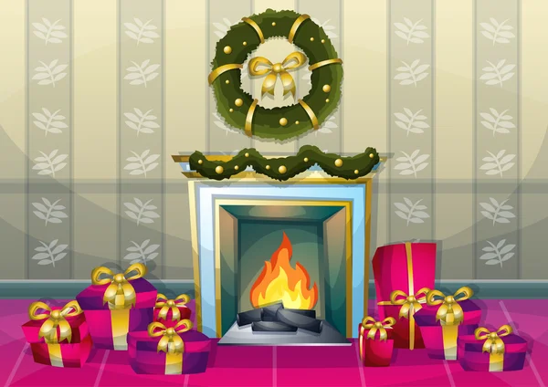 Cartoon vector illustratie interieur kerst kamer met gescheiden lagen — Stockvector