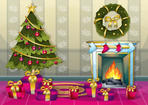 Cartoon vector illustratie interieur kerst kamer met gescheiden lagen — Stockvector