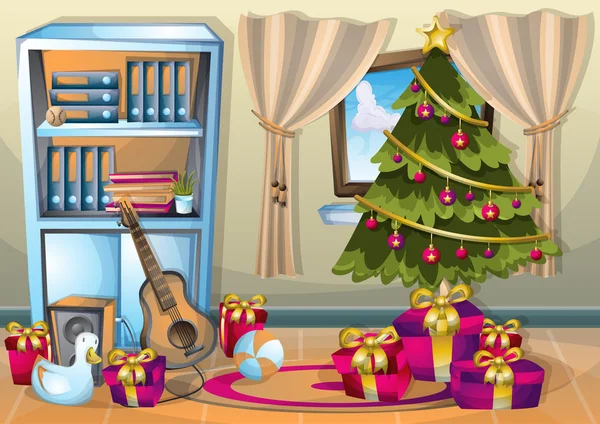 Cartoon vector illustratie interieur kerst kamer met gescheiden lagen — Stockvector