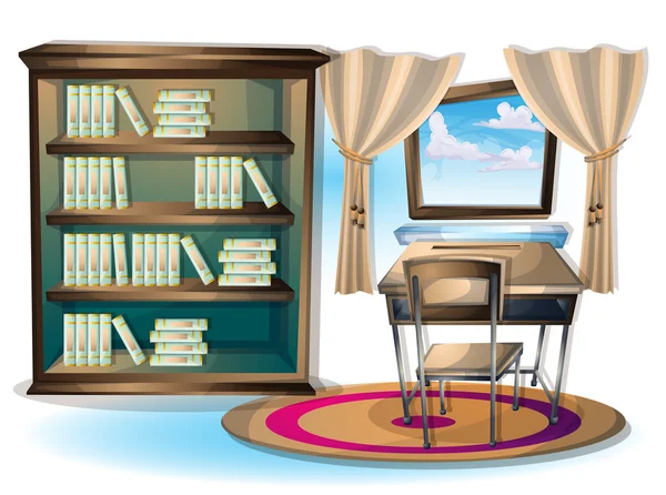 Illustration vectorielle dessin animé salle de bibliothèque intérieure avec des couches séparées — Image vectorielle