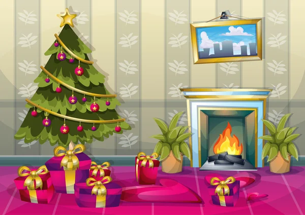Cartoon vector illustration interior Christmas room with separated layers — Stock Vector