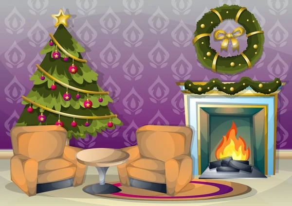 Illustration vectorielle dessin animé intérieur salle de Noël avec des couches séparées — Image vectorielle