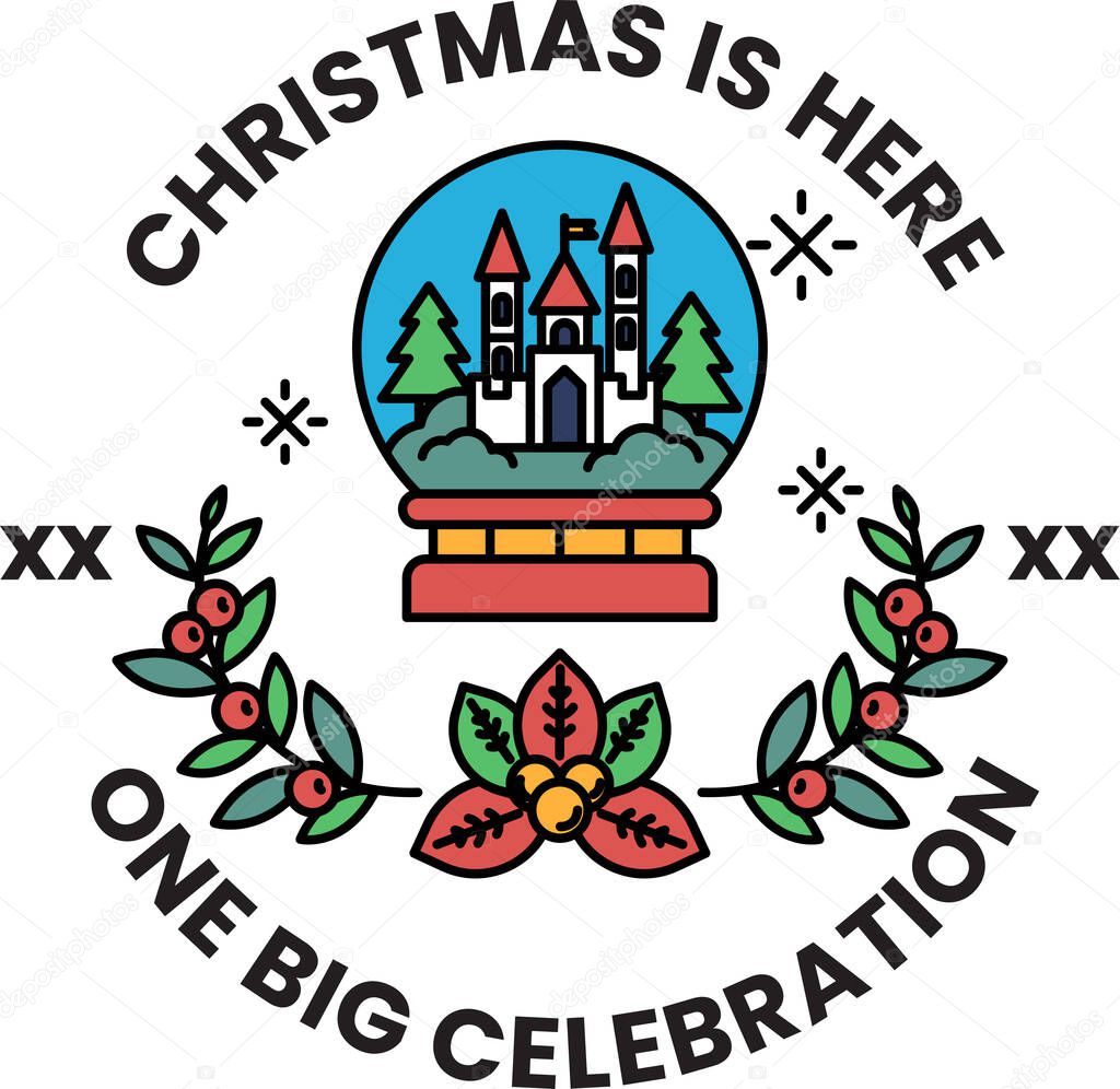 A Christmas is here logo with a castle and a snow globe. The logo is black and white