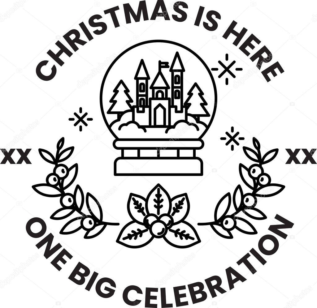 A Christmas is here logo with a castle and a snow globe. The logo is black and white