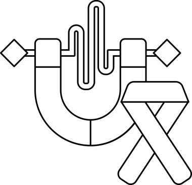 A black and white drawing of a magnet and a ribbon. The magnet is on the left side of the ribbon and the ribbon is on the right side