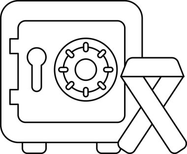 A black and white image of a safe with a keyhole and a padlock. The padlock is missing. A ribbon is next to the safe