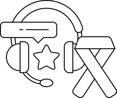 A black and white drawing of a headset with a star and a ribbon. The drawing conveys the idea of a supportive and comforting atmosphere
