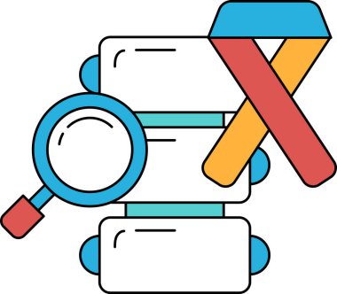 A black and white drawing of a magnifying glass and a ribbon. The ribbon is on top of a stack of books. The drawing conveys the idea of searching for something important
