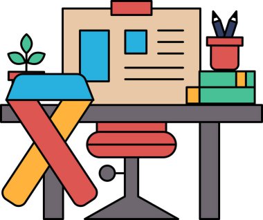 A desk with a chair and a plant. The desk is covered with a white sheet and a book