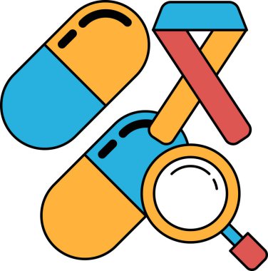 A pill and magnifying glass are shown in a black and white drawing. The pill is on the left side of the image, and the magnifying glass is on the right side. Concept of examining something closely