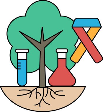 A drawing of a tree with a ribbon tied to it and a few test tubes scattered around it. The ribbon is tied to the tree, and the tubes are placed around the tree in various positions