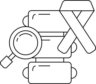A black and white drawing of a magnifying glass and a ribbon. The ribbon is on top of a stack of books. The drawing conveys the idea of searching for something important