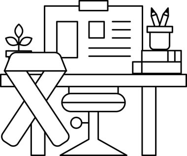 A desk with a chair and a plant. The desk is covered with a white sheet and a book