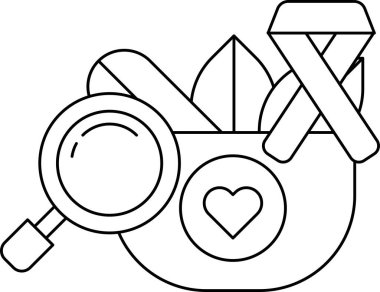 A black and white drawing of a magnifying glass, a heart, and a leaf. The drawing conveys the idea of looking closely at something, and the heart symbolizes love and care