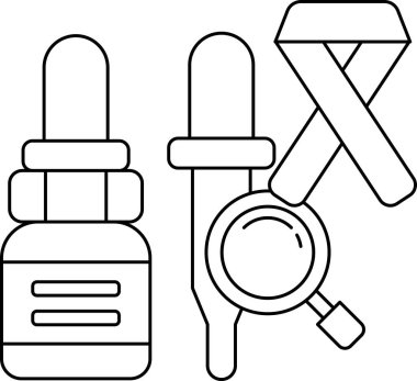 A bottle of medicine and a syringe are shown in a black and white drawing. The bottle is labeled with the word 