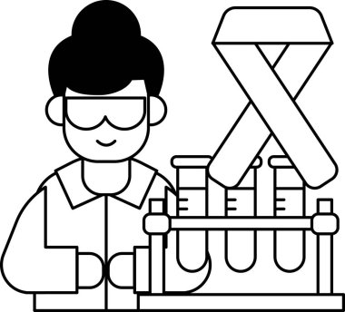 A man in a lab coat is holding a ribbon and a beaker. The ribbon is for breast cancer awareness