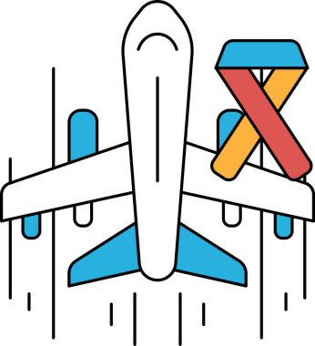 A black and white drawing of an airplane with a ribbon on the tail. The ribbon is for breast cancer awareness