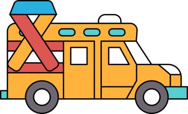 A black and white drawing of a truck with a cross on the side. The truck is an ambulance and the cross is a ribbon for breast cancer awareness