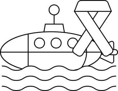 A submarine is floating in the water with a rope attached to it. The rope is tied to a boat