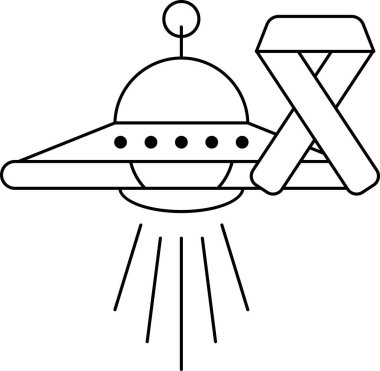 A black and white drawing of a spaceship with a ribbon on it. The ribbon is attached to the spaceship and is in the shape of an X. The drawing conveys a sense of hope and positivity