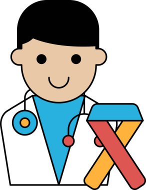A cartoon of a smiling doctor holding a ribbon. The ribbon is a symbol of breast cancer awareness