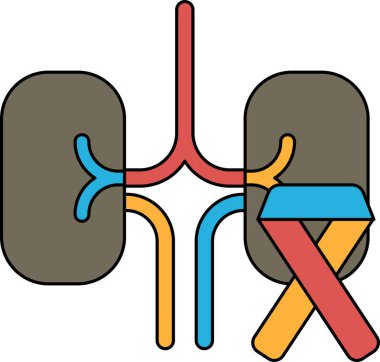 A kidney and a ribbon are shown in a black and white drawing. The ribbon is meant to represent a kidney cancer ribbon