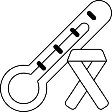 A black and white drawing of a thermometer with a wooden stool next to it. The thermometer is showing a temperature of 0 degrees