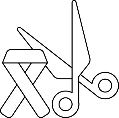 A pair of scissors and a ribbon are shown in a black and white drawing. The scissors are positioned above the ribbon, and the ribbon is placed below the scissors. Concept of cutting or trimming