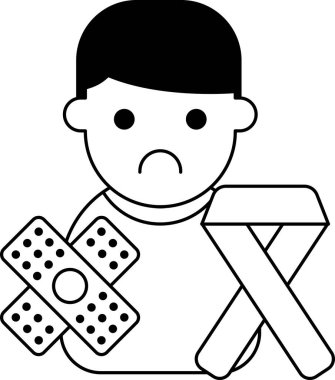 A boy is holding a bandage and a ribbon. The boy is sad. The ribbon is for cancer