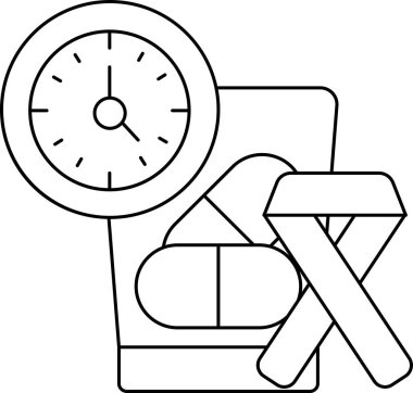 A clock is shown with the hands at the numbers 3 and 9. The clock is surrounded by a pill bottle and a pair of scissors. Concept of time and the importance of taking medication on time