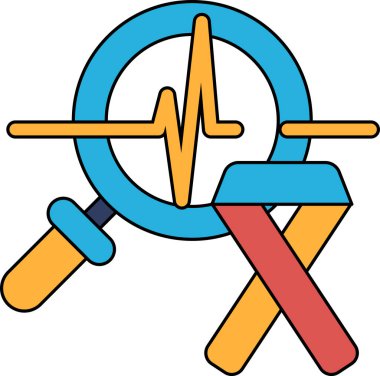 A black and white drawing of a magnifying glass with a heart and a ribbon. The heart is surrounded by a circle and the ribbon is on the right side of the drawing